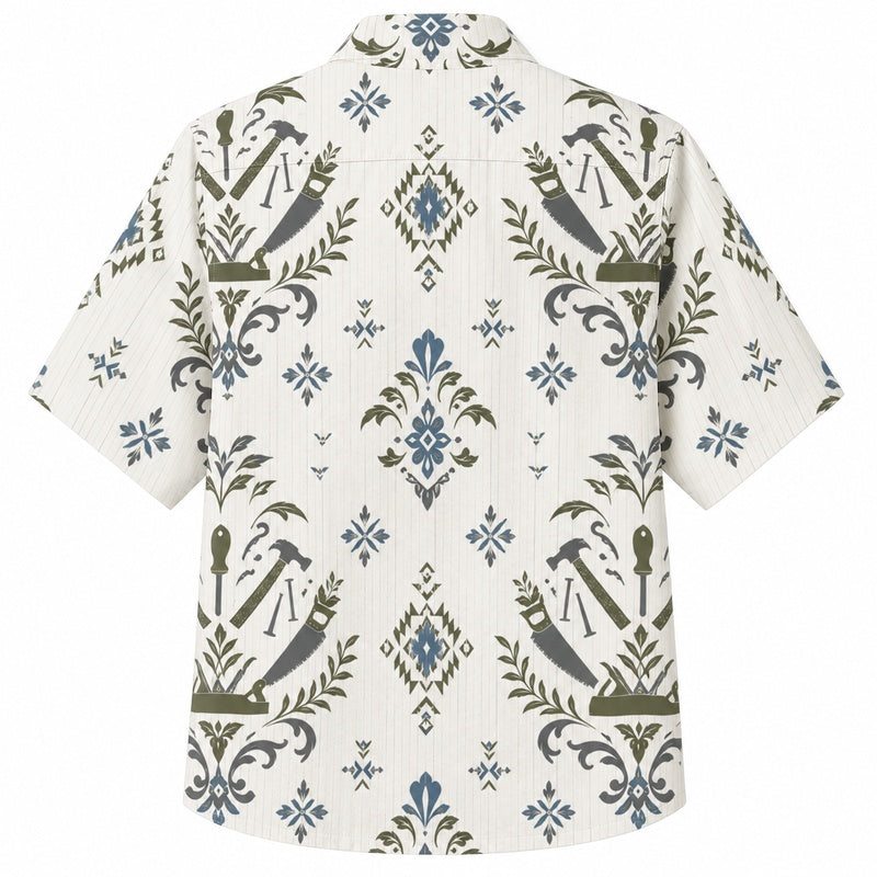 Labor Day Hawaiian Shirt- Damask Hammer and Wrench Print for Him