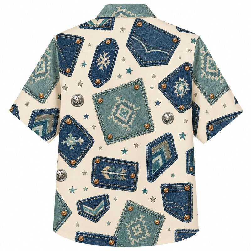 Labor Day Hawaiian Shirt - Denim Patch & Star Arrow Print for Men