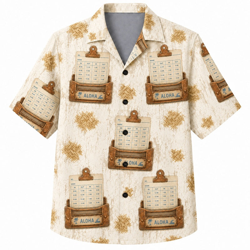 Labor Day Hawaiian Shirt Featuring Aloha Time Card Scroll Print for Summer