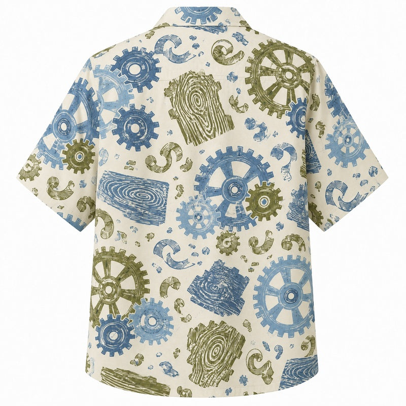 Labor Day Hawaiian Shirt- Gear and Wood Plank Print for Everyday Wear