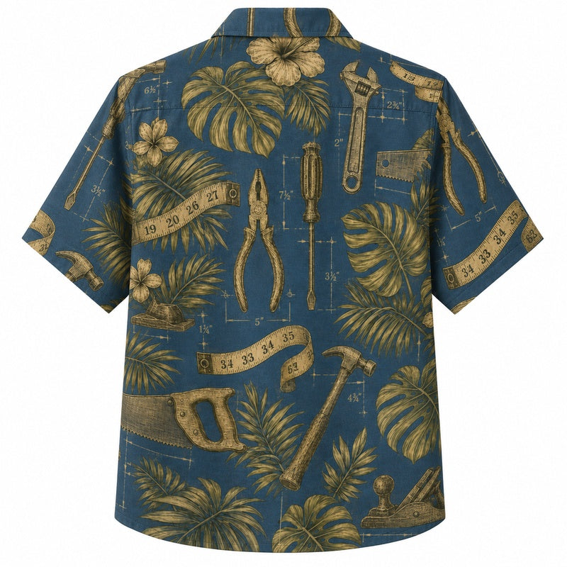 Labor Day Hawaiian Shirt- Golden Hand Tool and Palm Print for Everyday Wear