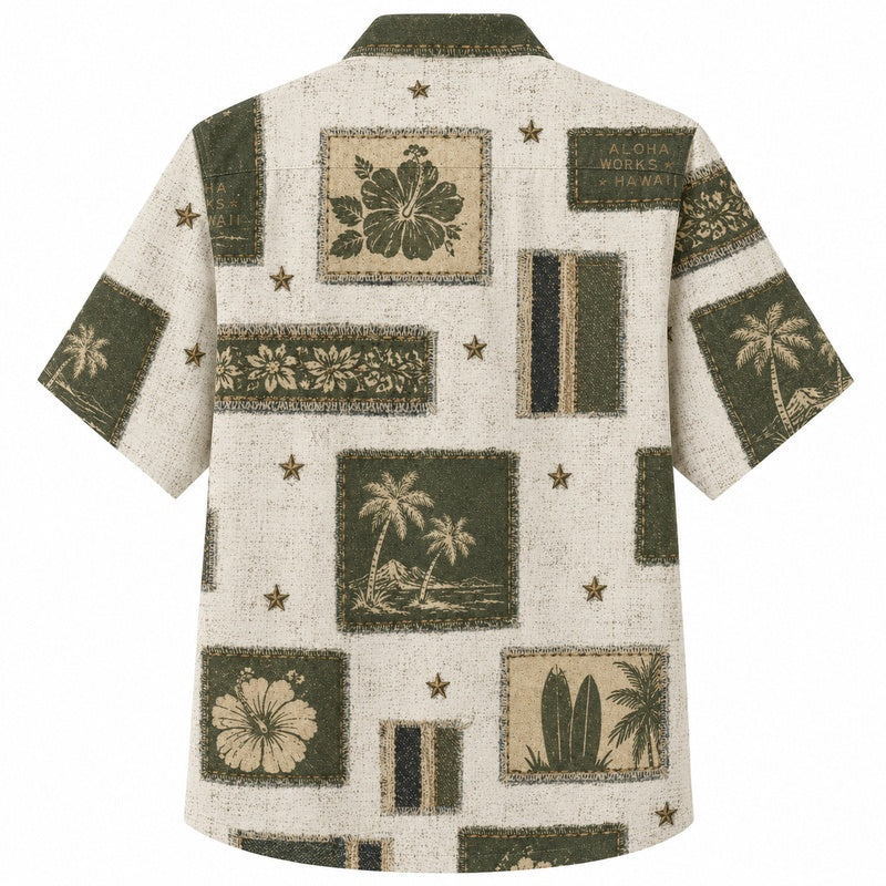 Labor Day Hawaiian Shirt- Linen Panel and Surfboard Print for Workers