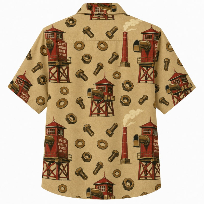 Labor Day Hawaiian Shirt- Oil Derrick Tower and Tools Print for Summer