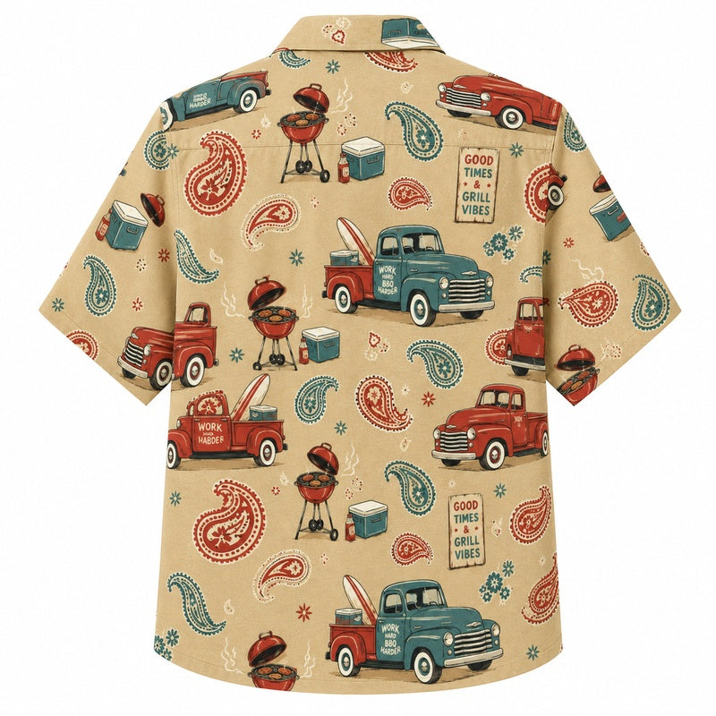 Labor Day Hawaiian Shirt- Pickup Truck and Grill Print for the Holiday