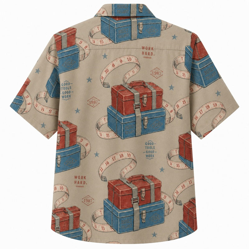 Labor Day Hawaiian Shirt- Red Toolbox and Chest Workwear Print