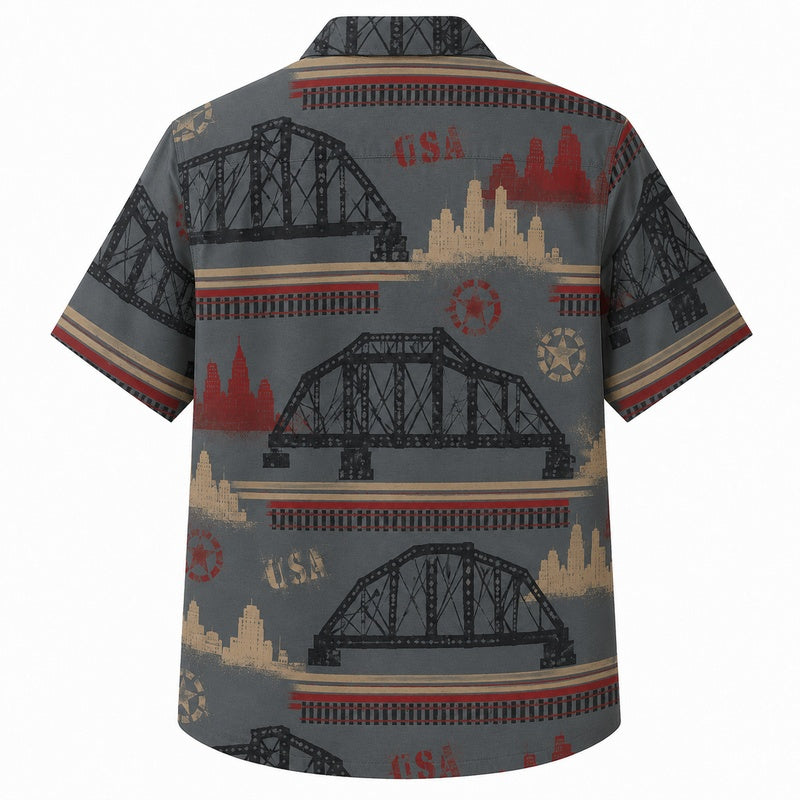 Labor Day Hawaiian Shirt- Steel Arch Bridge and Mountain Print