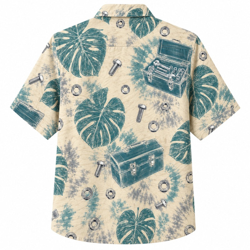 Labor Day Hawaiian Shirt - Toolbox & Teal Monstera Print for Men
