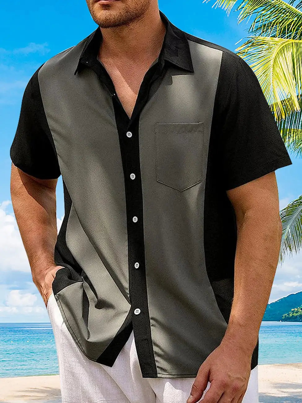 Men's Solid Bowling Casual Hawaiian Shirt
