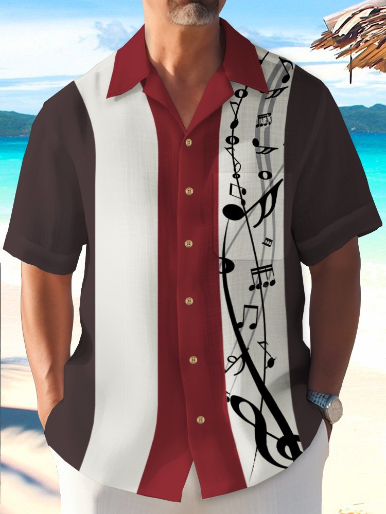 Men's Vintage Bowling Music Symbol Print Casual Hawaiian Shirt