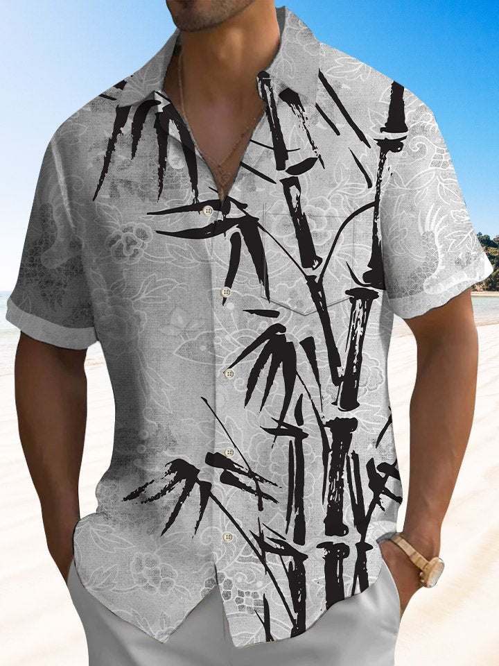 Men's Vintage Oriental Dragon Ink Bamboo Print Daily Casual Hawaiian Shirt