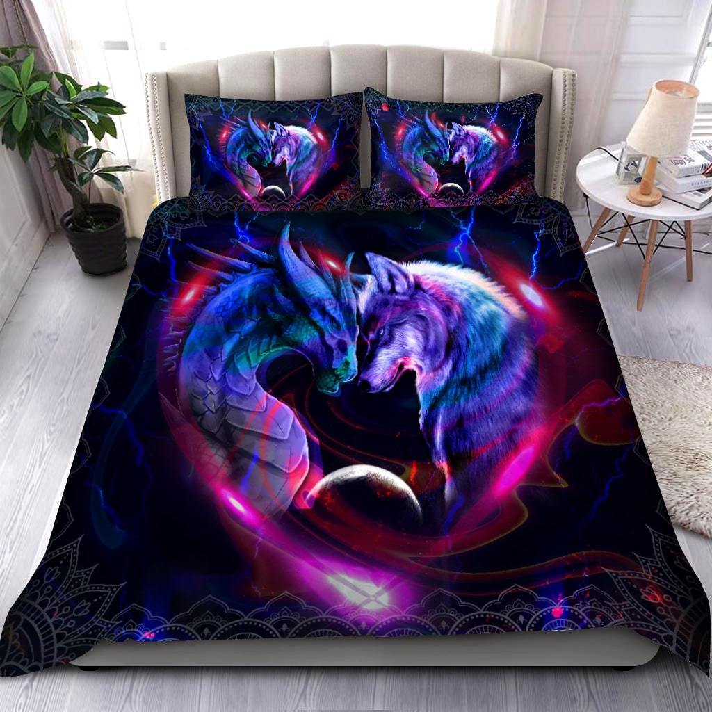 Galaxy Dragon And Wolf Battle Bedding Cover For Fantasy Bedroom Decor