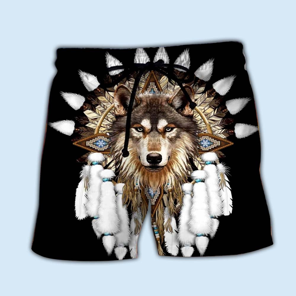 Native Wolf Minimal Black Art – Beach Short