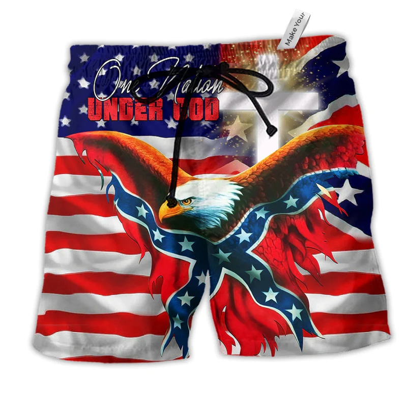 Beach Short / Adults / S America One Nation Under God Patriotism With Flag - Beach Short Reefox - Owls Matrix LTD