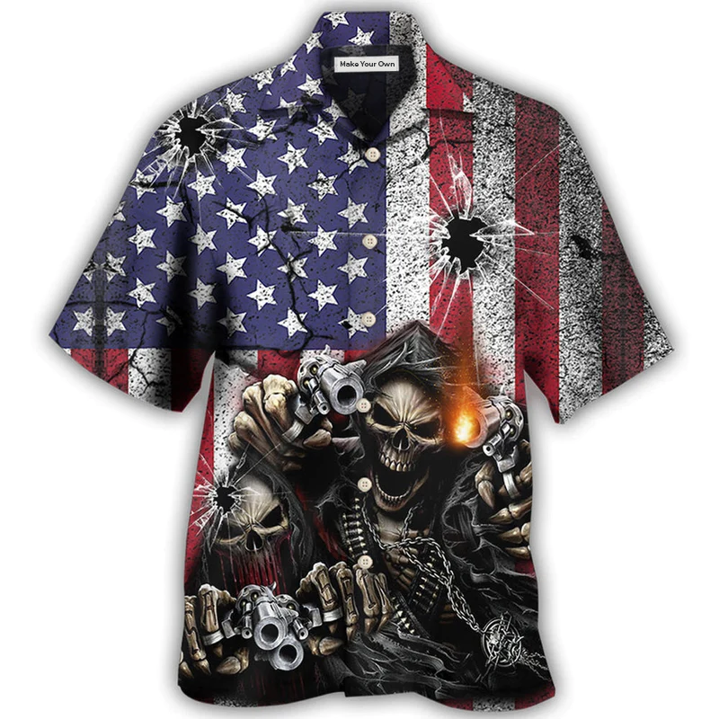 Hawaiian Shirt / Adults / S Skull Shot Gun American Flag Vintage - Hawaiian Shirt - Reefox