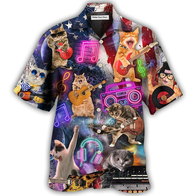 Hawaiian Shirt / Adults / S Cat Independence Day Cat Rocker Happy - Hawaiian Shirt - Reefox