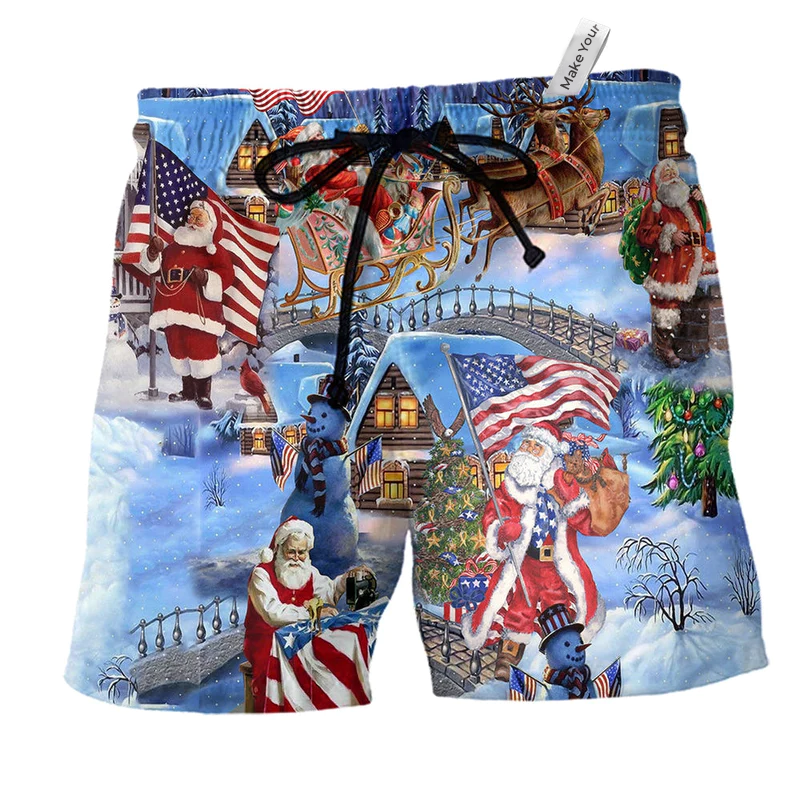 Beach Short / Adults / S America Christmas Patriotic Santa Claus - Beach Short Reefox - Owls Matrix LTD