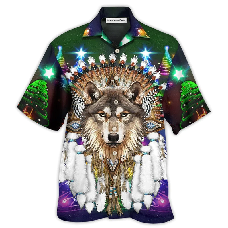 Hawaiian Shirt / Adults / S Native Wolf And Merry Christmas Cool - Hawaiian Shirt - Reefox