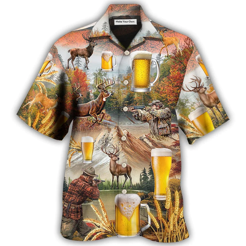 Hawaiian Shirt / Adults / S Beer And Hunting Deer Autumn Mountain - Hawaiian Shirt - Reefox