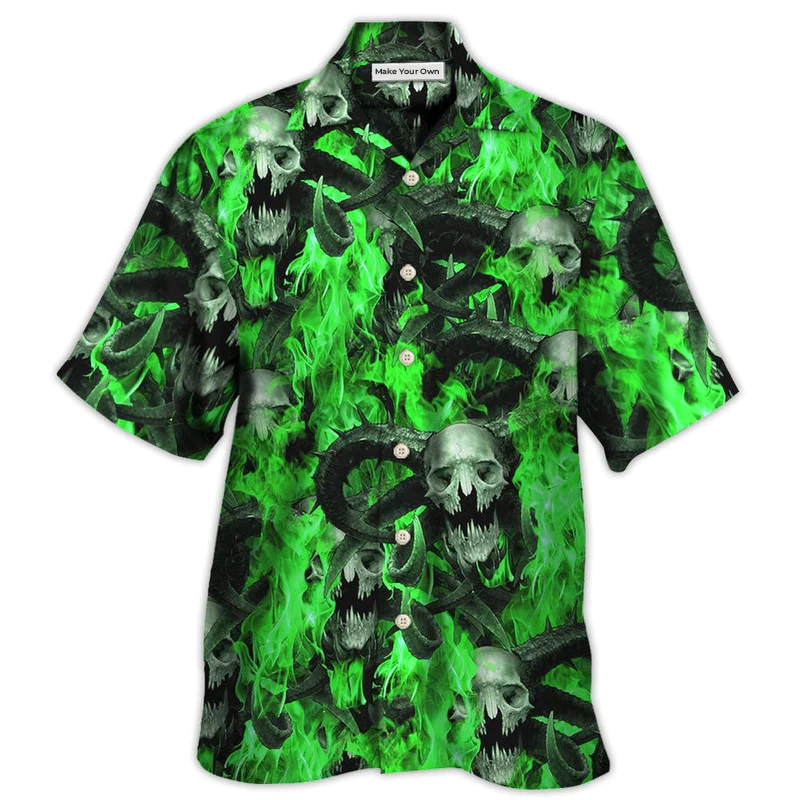 Hawaiian Shirt / Adults / S Skull Green Flame Burn - Hawaiian Shirt - Reefox