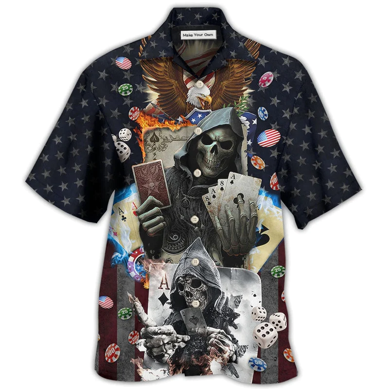 Hawaiian Shirt / Adults / S Poker Skull Flame US Flag Independence Day - Hawaiian Shirt - Reefox