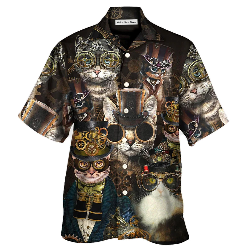 Hawaiian Shirt / Adults / S Cat Steampunk Art Machines Lover - Hawaiian Shirt - Reefox
