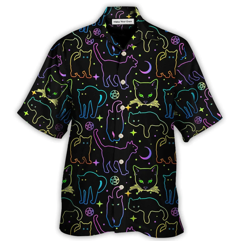 Hawaiian Shirt / Adults / S Cat Neon Colorful Playing With Kitten Magical - Hawaiian Shirt - Reefox