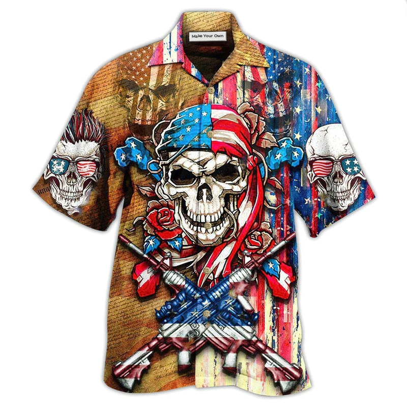 Hawaiian Shirt / Adults / S Skull Patriotic Flower America - Hawaiian Shirt - Reefox