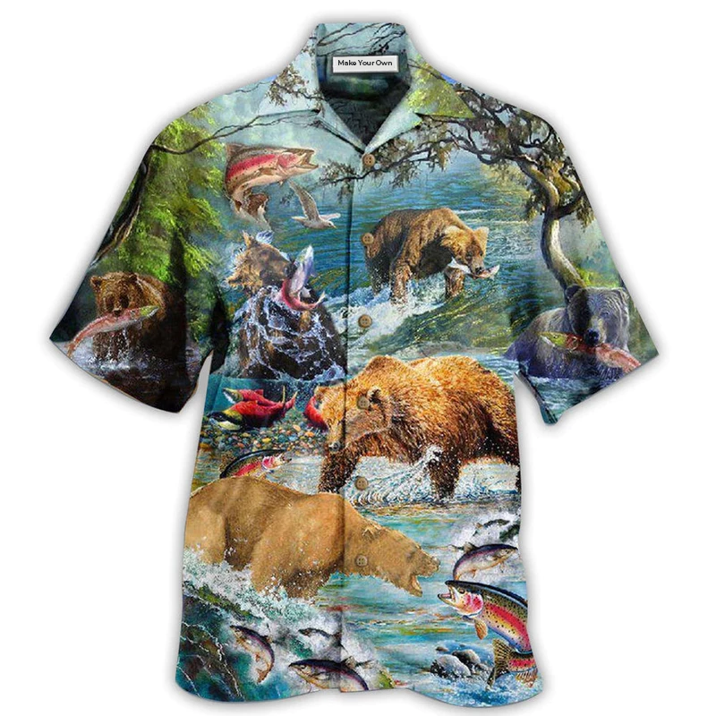 Hawaiian Shirt / Adults / S Hunting Animals Amazing Salmon Hunting With Bear - Hawaiian Shirt - Reefox