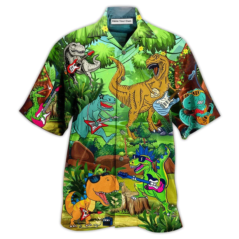 Hawaiian Shirt / Adults / S Guitar Dinosaur Play Guitar Like A Star - Hawaiian Shirt - Reefox