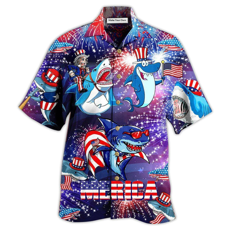 Hawaiian Shirt / Adults / S Shark Merica Patriotic - Hawaiian Shirt - Reefox
