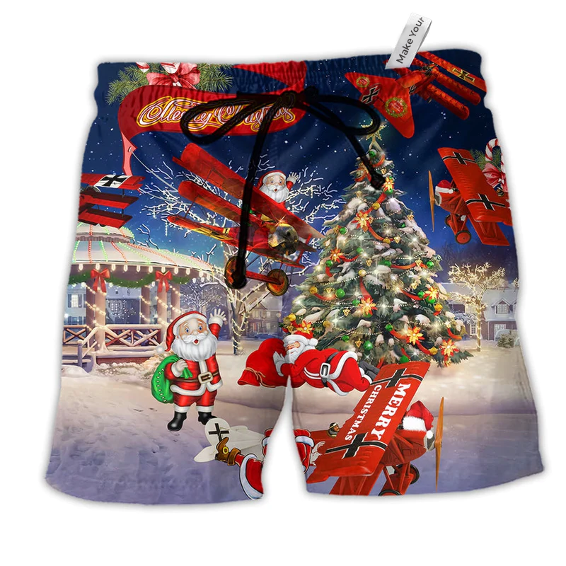 Beach Short / Adults / S Christmas No Reindeer Any More Santa Loves Airplane - Beach Short Reefox - Owls Matrix LTD
