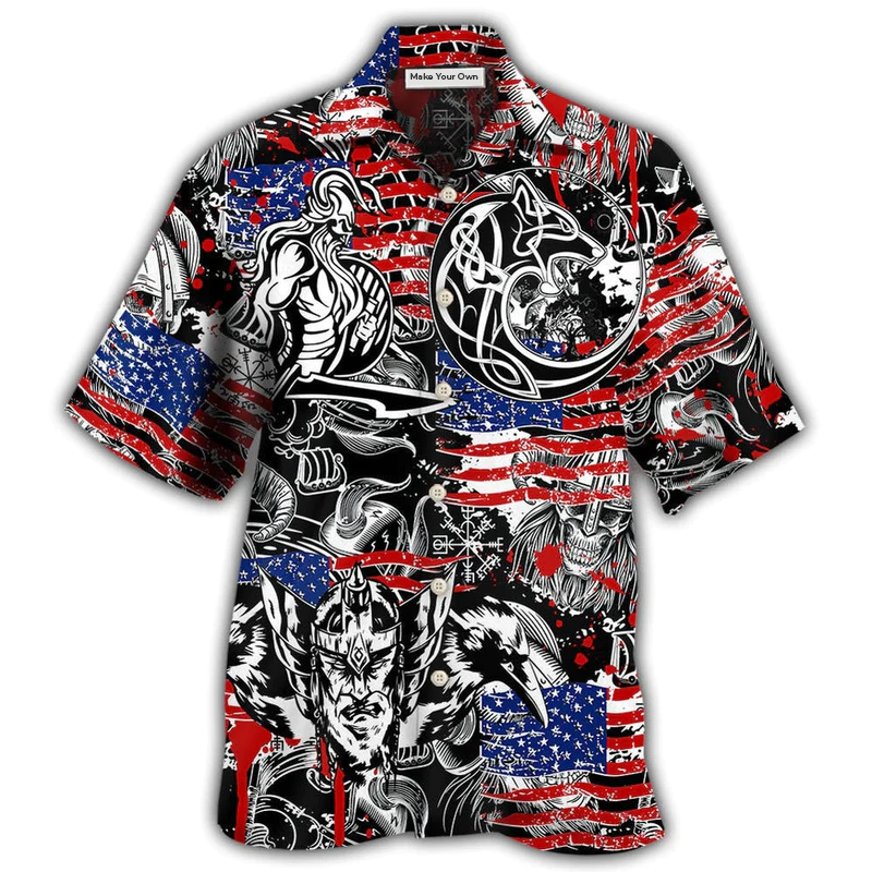 Hawaiian Shirt / Adults / S Viking Independence Day Odin Warrior And Wolf - Hawaiian Shirt - Reefox