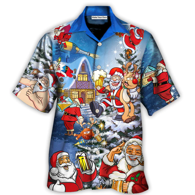 Hawaiian Shirt / Adults / S Christmas Funny Santa Claus Drinking Beer Troll Xmas - Hawaiian Shirt - Reefox