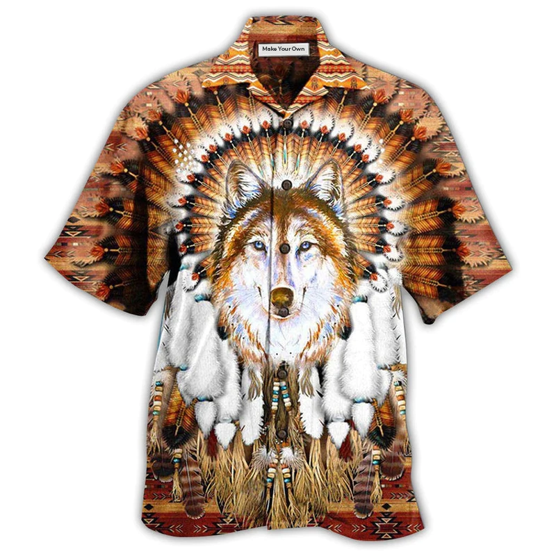 Hawaiian Shirt / Adults / S Native American Wolf Feather Headdress Cool - Hawaiian Shirt - Reefox