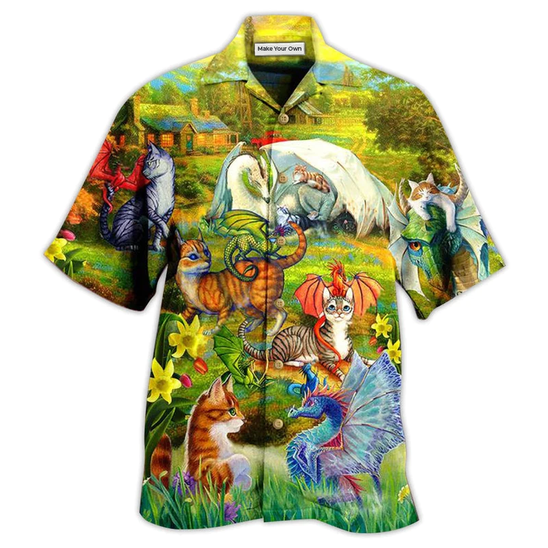 Hawaiian Shirt / Adults / S Dragon And Cats Love Life Beautiful Nature- Hawaiian Shirt - Reefox