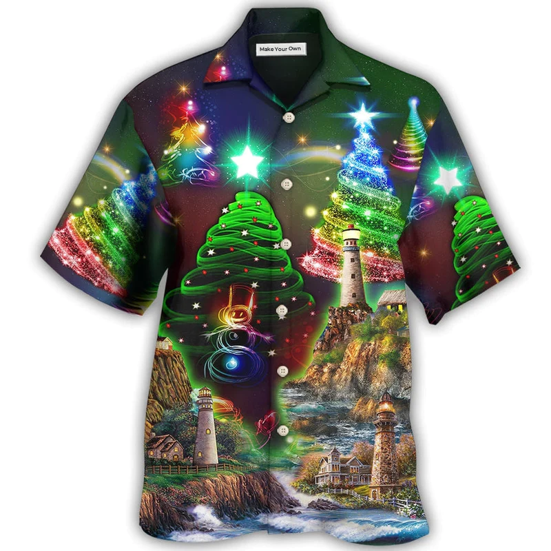 Hawaiian Shirt / Adults / S Lighthouse And Merry Christmas Happy - Hawaiian Shirt - Reefox