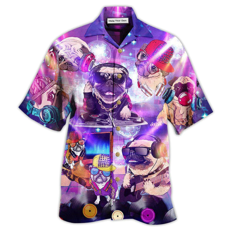 Hawaiian Shirt / Adults / S Pug Dog Feeling Music With Pugs - Hawaiian Shirt - Reefox