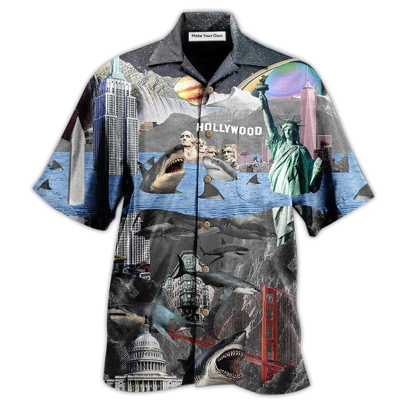 Hawaiian Shirt / Adults / S Shark In America Hollywood - Hawaiian Shirt - Reefox