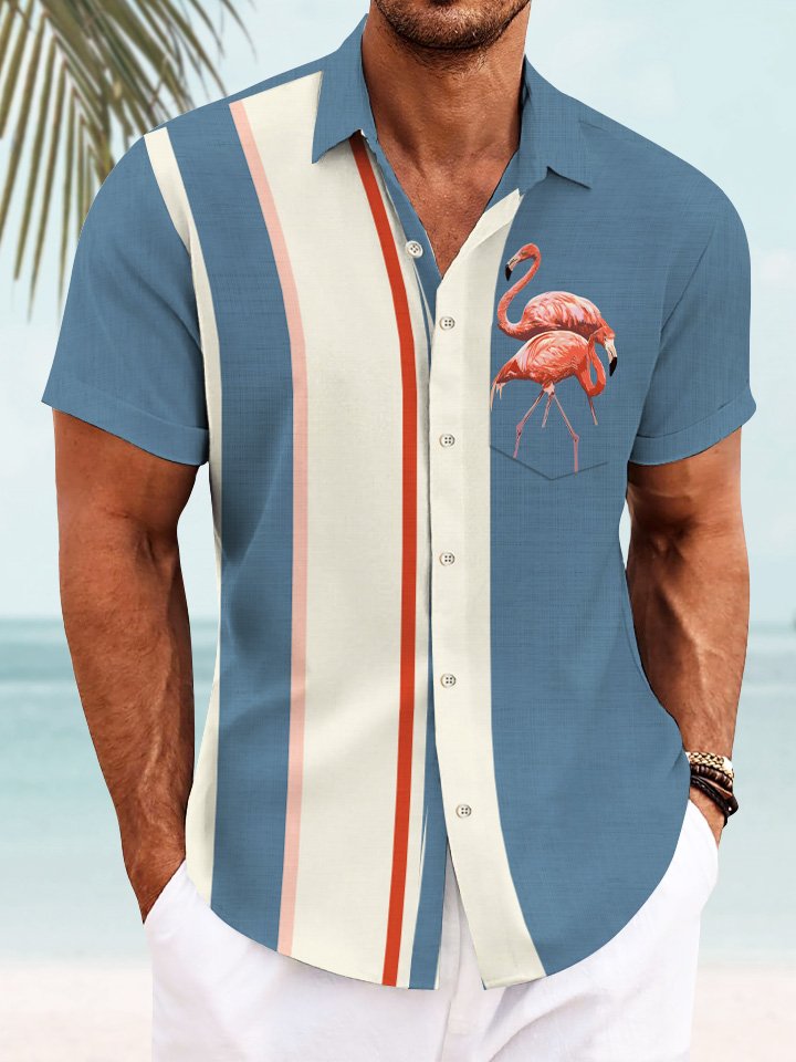 Summer Flamingo Stripe Men's 50S Bowling Commuter Casual Hawaiian Shirt