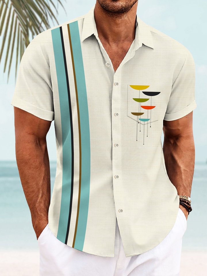 Summer Geometric Stripes Men's 50S Bowling Commuter Casual Hawaiian Shirt