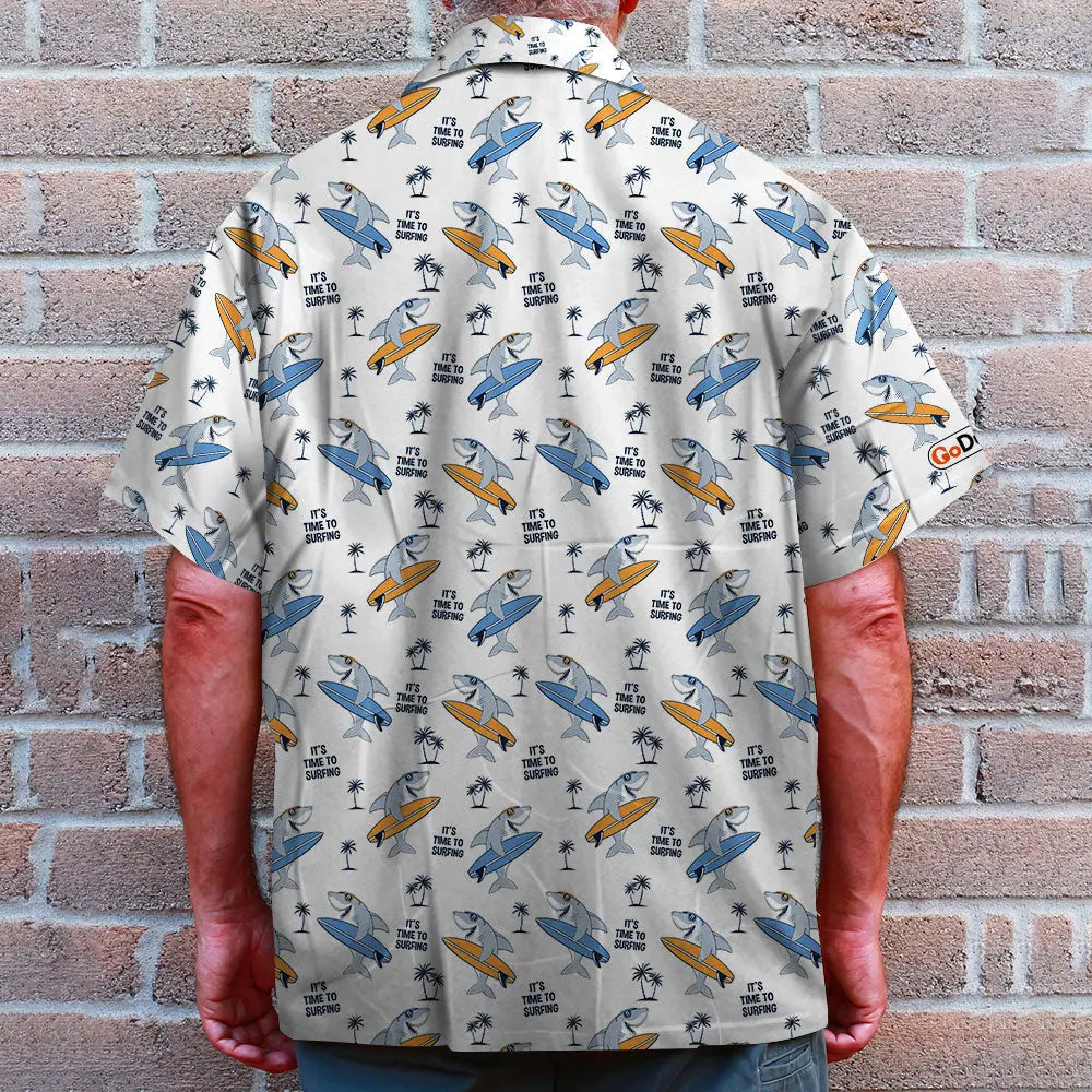 Surfing Unisex Hawaiian Shirt Aloha Shirt Summer Vibe Surfing Shark & Palm Trees Pattern