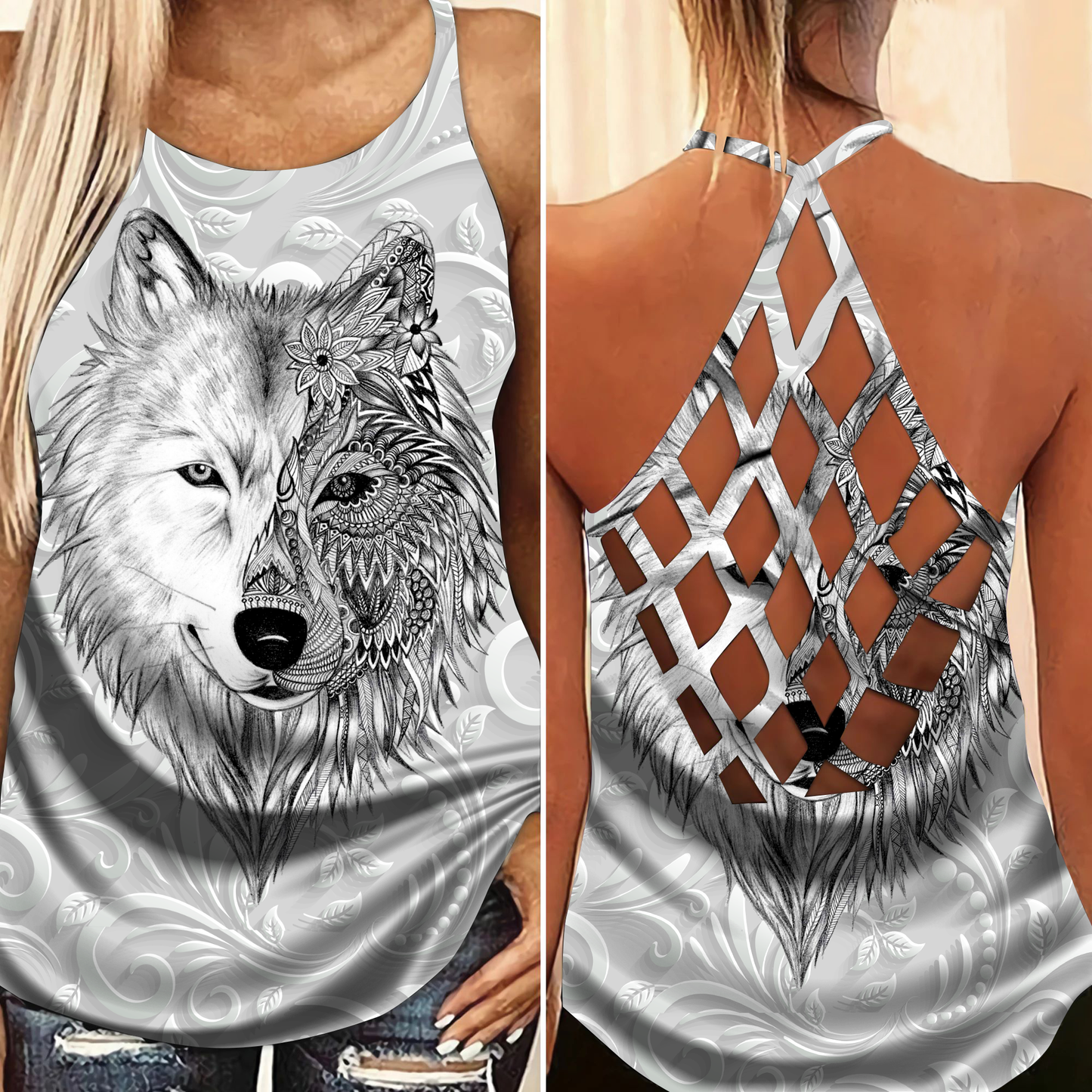 Native Wolf Black White Style Limited Edition – Hollow Tank Top