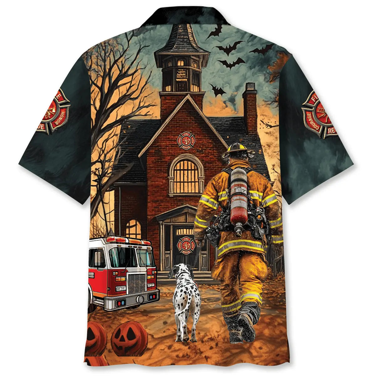 Vintage Firefighter Halloween Night Art Hawaiian Shirt