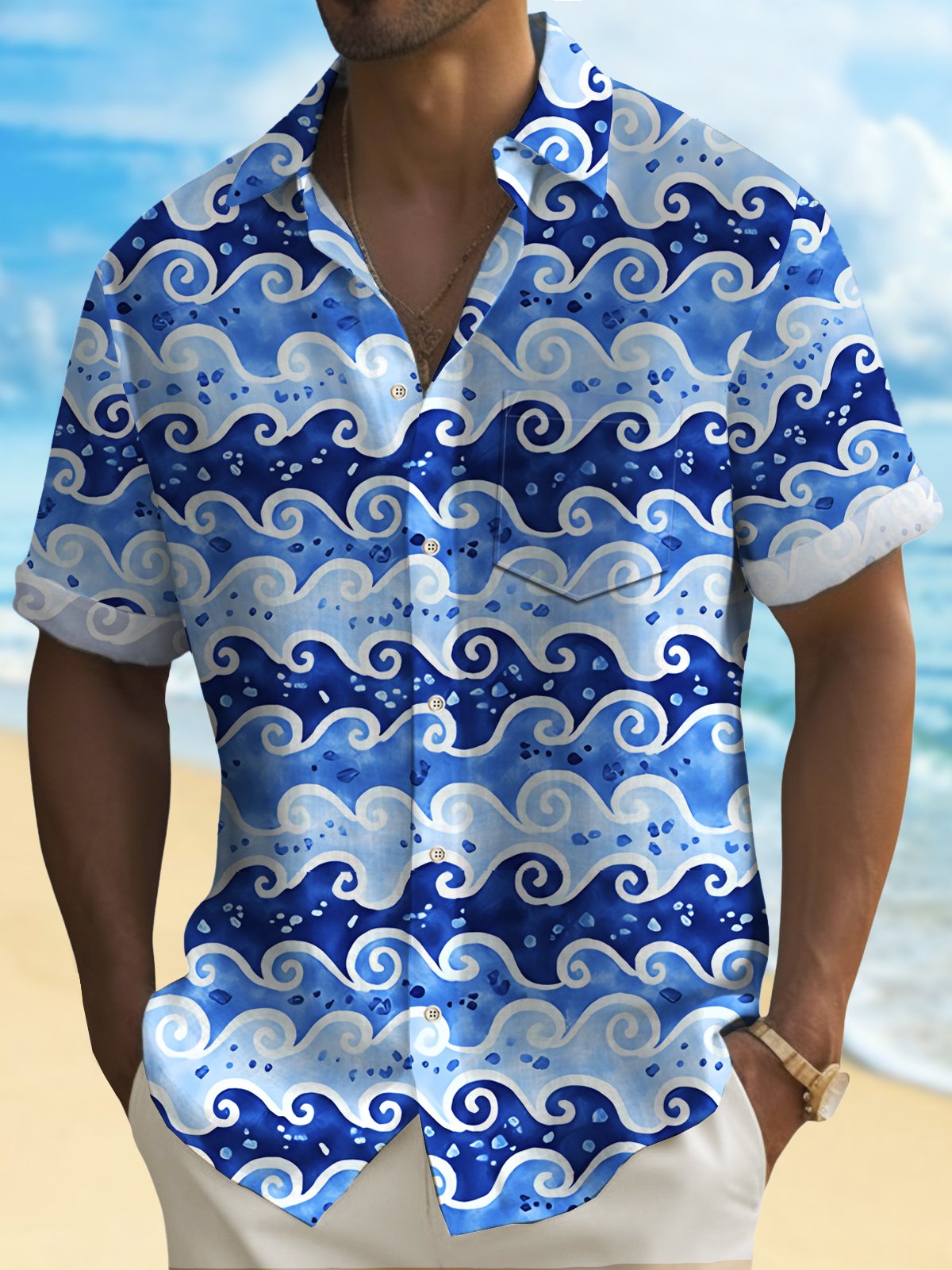 Vintage Japanese Wave Blue Men's Art Shirt Ukiyoe Stretch Quick-drying Button Hawaiian Shirts