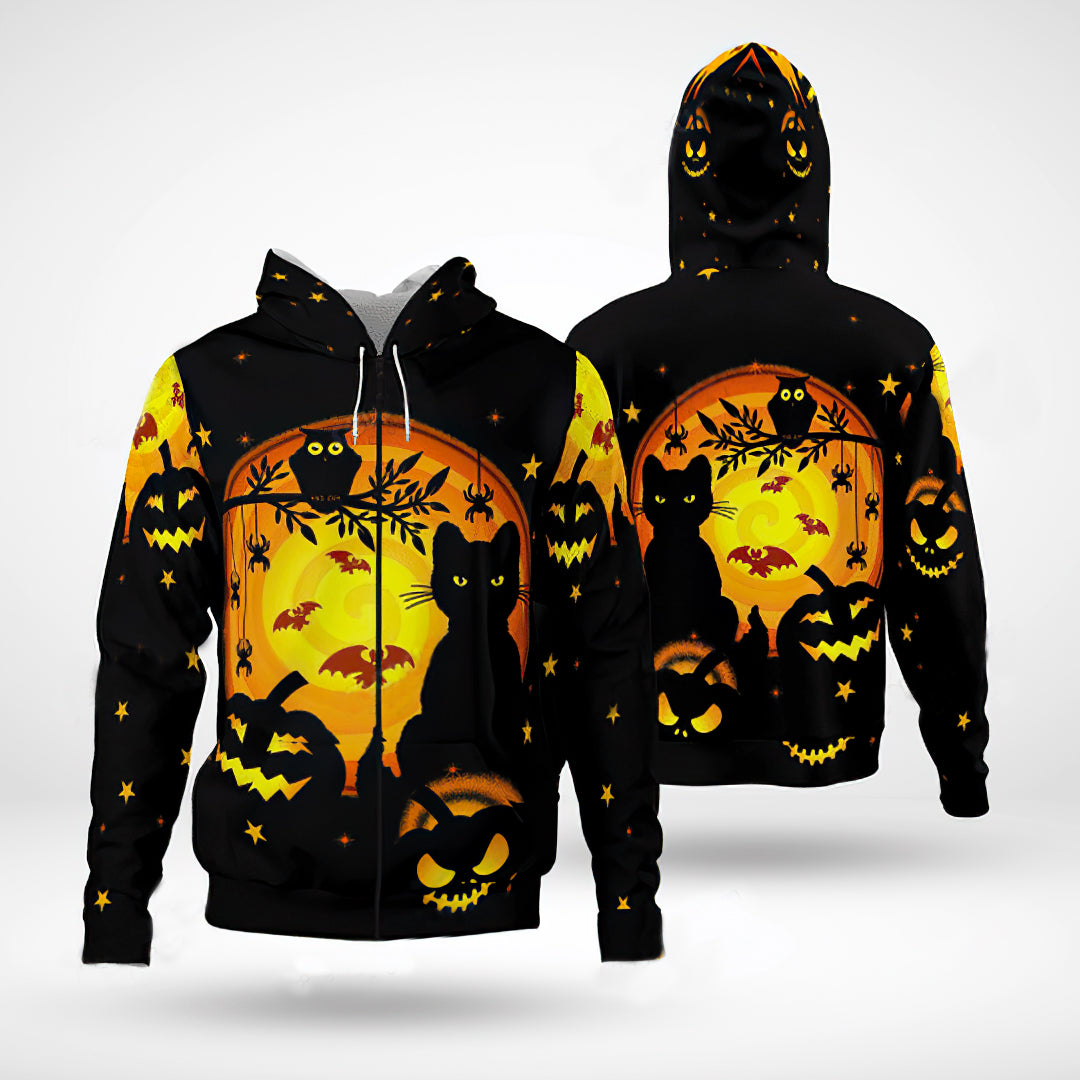 Black Cat Pumpkin Halloween Art – 3D Hoodie