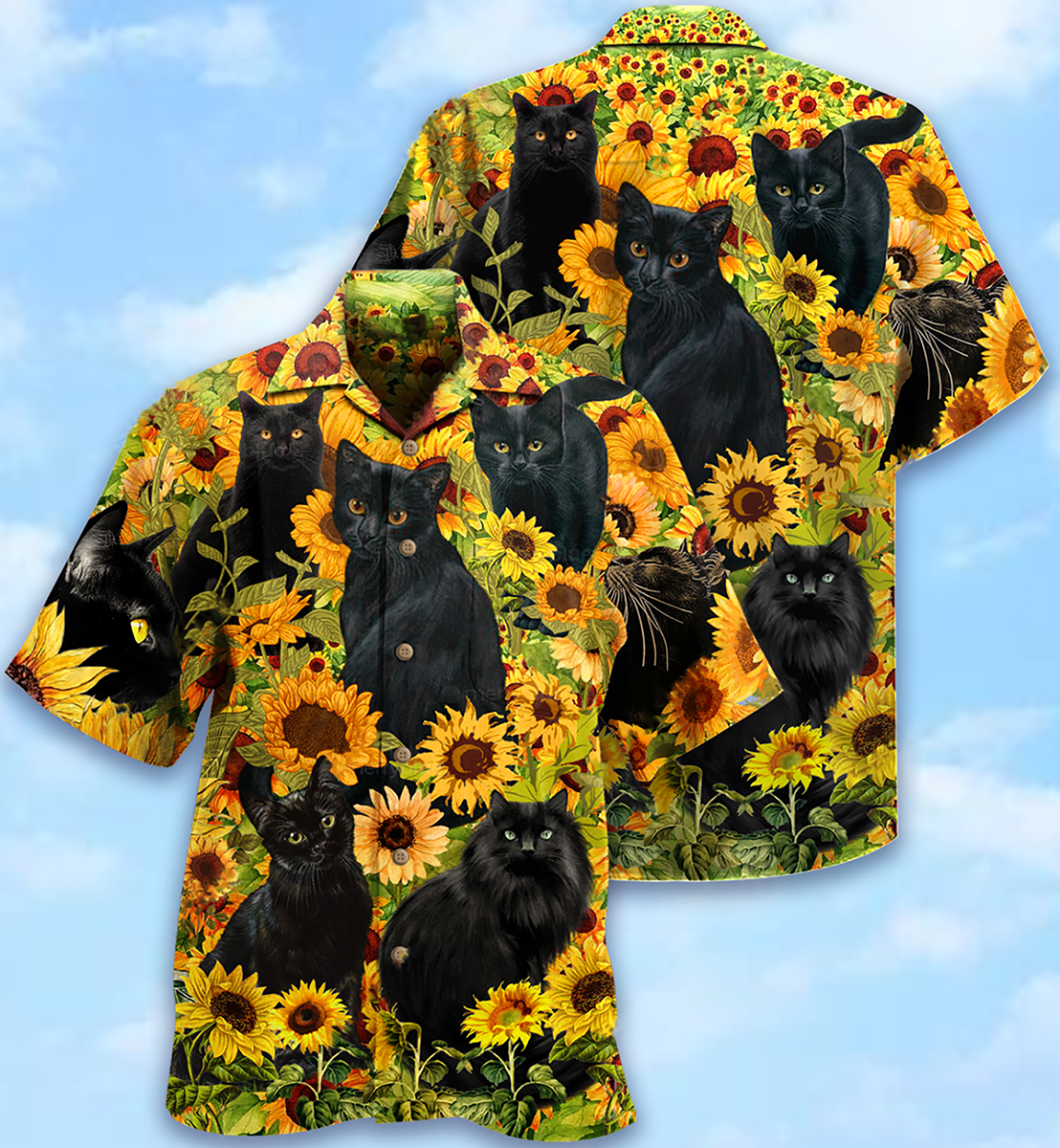 Black Cat Love Sunflower - Hawaiian Shirt - Reefox