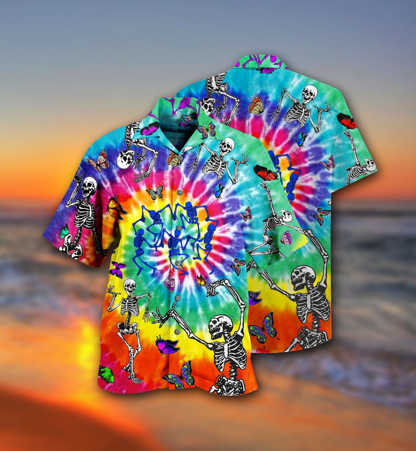 Hippie Skull Dancing With Butterfly Funny - Hawaiian Shirt - Reefox
