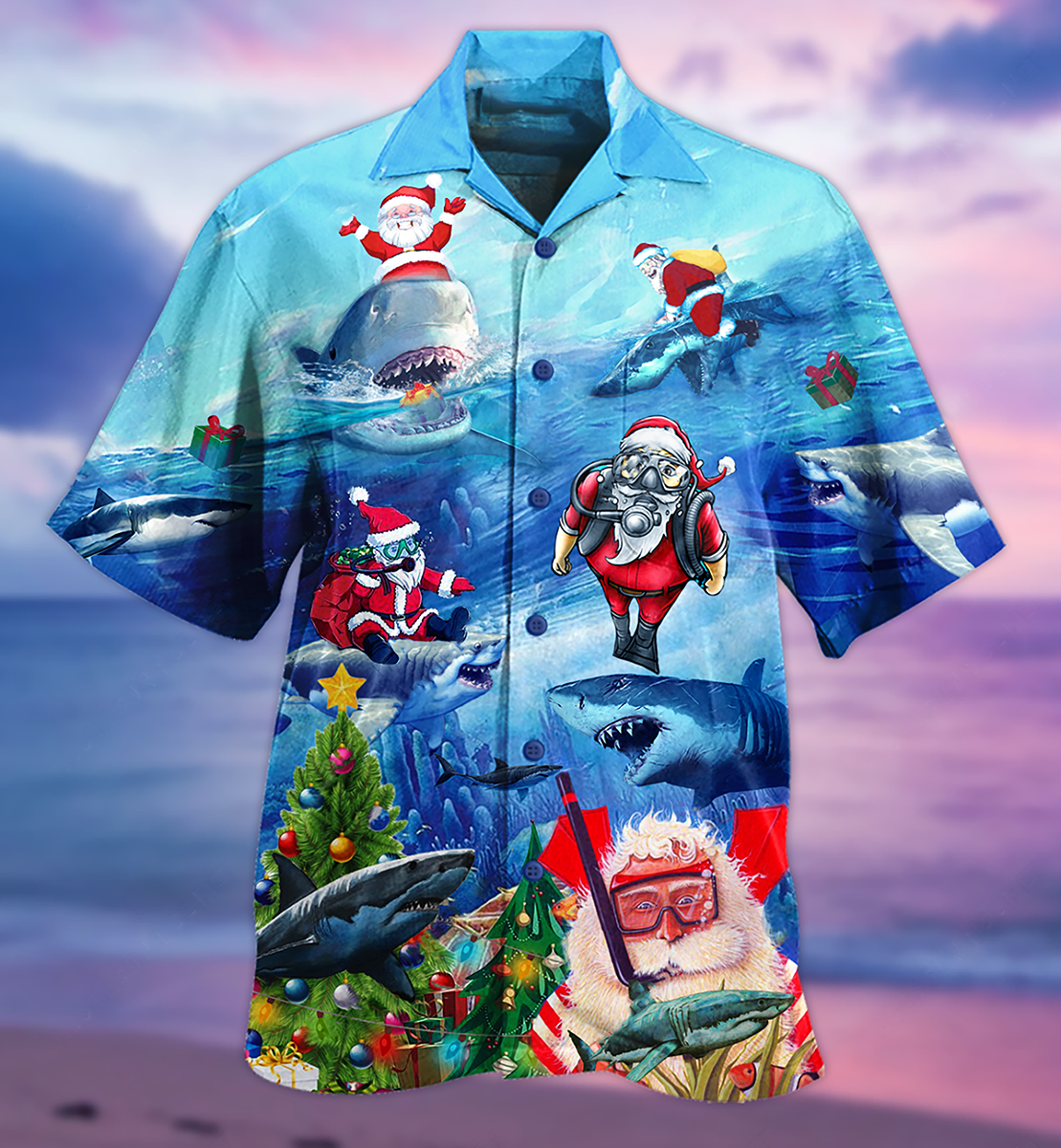 Shark Love Santa Blue Sea - Hawaiian Shirt - Reefox