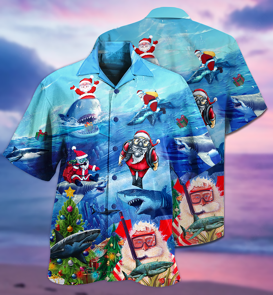Shark Love Santa Blue Sea - Hawaiian Shirt - Reefox