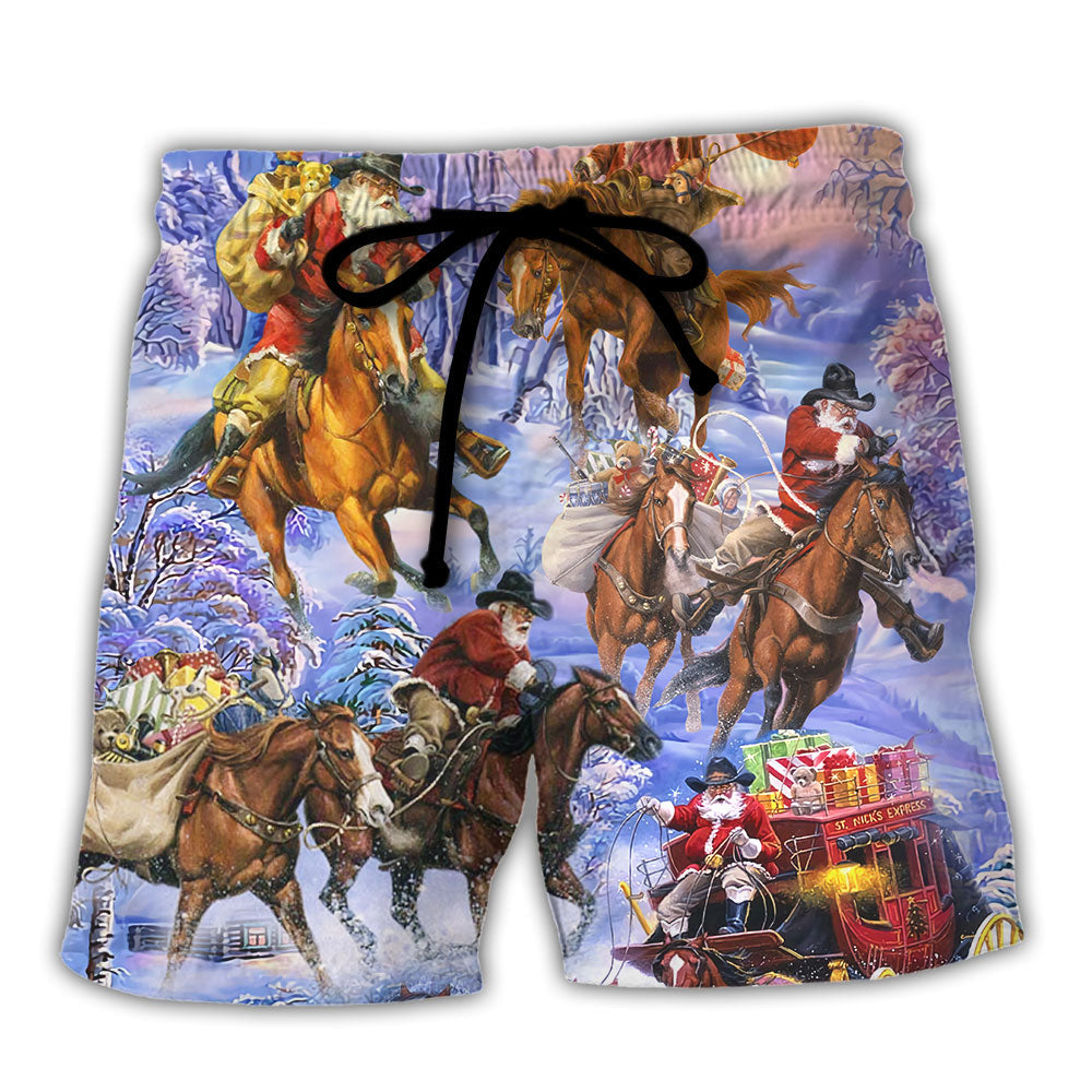 Christmas Santa And Horse Ho Ho Ho Everywhere Merry Xmas - Beach Short Reefox - Owls Matrix LTD